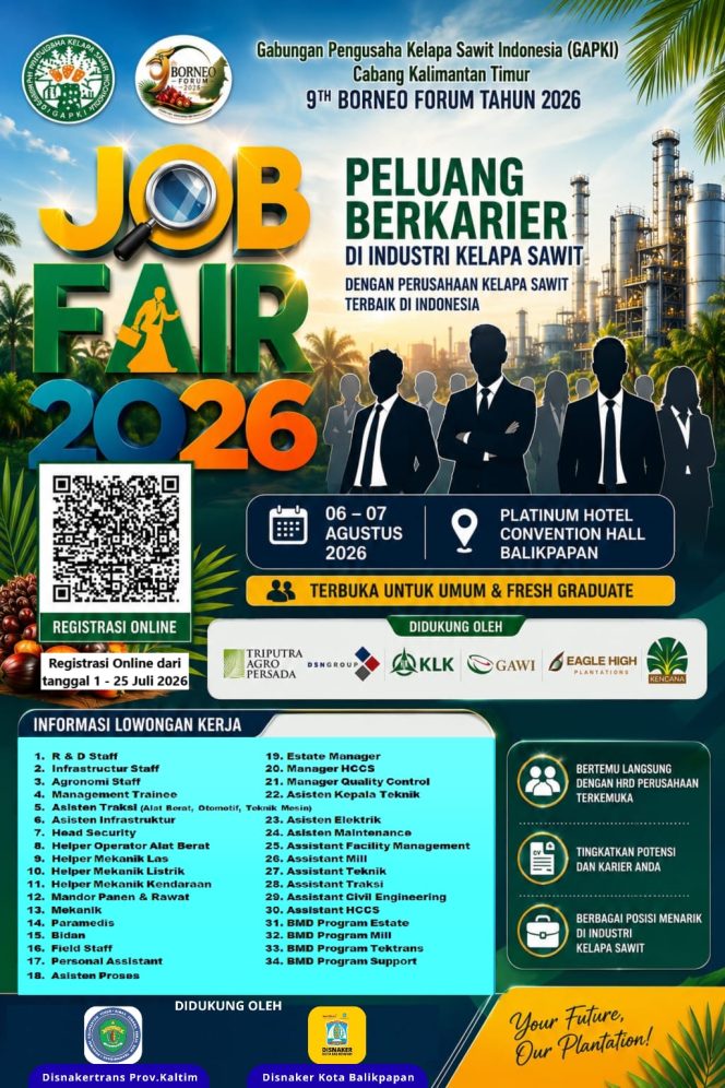 
 Flyer Job Fair Industri Kelapa Sawit 2026 yang didukung Dinas Ketenagakerjaan Kota Balikpapan dan GAPKI Kalimantan Timur sebagai upaya memperluas kesempatan kerja serta meningkatkan penyerapan tenaga kerja lokal.