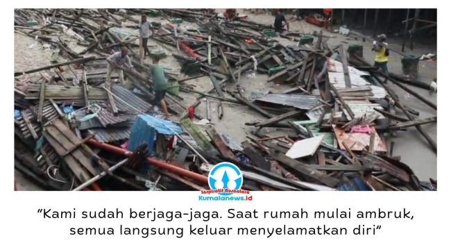 Gelombang pasang merobohkan tiga rumah dan merusak satu rumah lainnya di kawasan pesisir RT 09 Kelurahan Klandasan Ulu, Balikpapan Kota, Jumat (10/7/2026). Tidak ada korban jiwa dalam peristiwa tersebut. Foto: M Hilmansyah.
