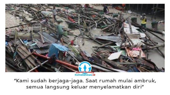 
 Gelombang pasang merobohkan tiga rumah dan merusak satu rumah lainnya di kawasan pesisir RT 09 Kelurahan Klandasan Ulu, Balikpapan Kota, Jumat (10/7/2026). Tidak ada korban jiwa dalam peristiwa tersebut. Foto: M Hilmansyah.