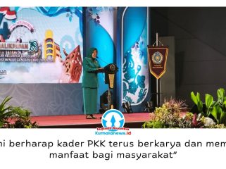 Ketua Panitia HKG PKK ke-54 Kota Balikpapan, Andi Sri Juliarty, menyampaikan laporan pelaksanaan puncak Hari Kesatuan Gerak (HKG) PKK ke-54 yang digelar di BSCC Dome Balikpapan, Selasa (28/7/2026). Foto: M Hilmansyah.