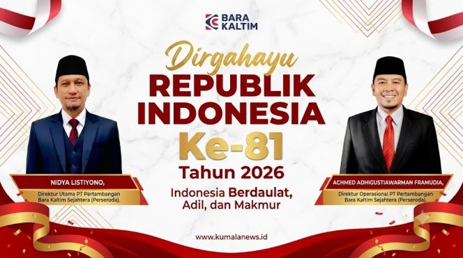
 Flyer ucapan Dirgahayu Republik Indonesia ke-81 Tahun 2026 dari PT Pertambangan Bara Kaltim Sejahtera (Perseroda) atau PT Bara Kaltim Sejahtera (BKS), sebagai bentuk penghormatan terhadap semangat kemerdekaan serta komitmen perusahaan dalam mendukung pembangunan bangsa. Grafis: Kumalanews.id.