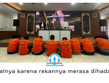 Satreskrim Polres Kutai Kartanegara bersama Jatanras Polda Kaltim mengamankan sembilan terduga pelaku kasus kekerasan secara bersama-sama yang terjadi di Kecamatan Tabang, Kabupaten Kutai Kartanegara. Foto: Fairuzzabady.