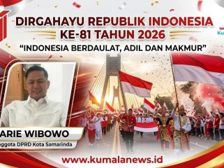 Anggota DPRD Kota Samarinda, Arie Wibowo, menilai peringatan HUT ke-81 Kemerdekaan RI bertema “Indonesia Berdaulat, Adil, dan Makmur” harus menjadi momentum memperkuat kemandirian masyarakat, bukan sekadar seremoni. Foto dan Grafis: Yana Ashari – Kumalanews.id.