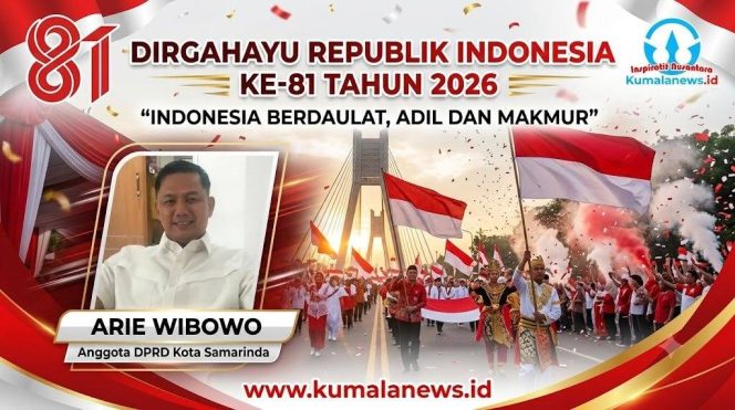 
 Anggota DPRD Kota Samarinda, Arie Wibowo, menilai peringatan HUT ke-81 Kemerdekaan RI bertema “Indonesia Berdaulat, Adil, dan Makmur” harus menjadi momentum memperkuat kemandirian masyarakat, bukan sekadar seremoni. Foto dan Grafis: Yana Ashari – Kumalanews.id.