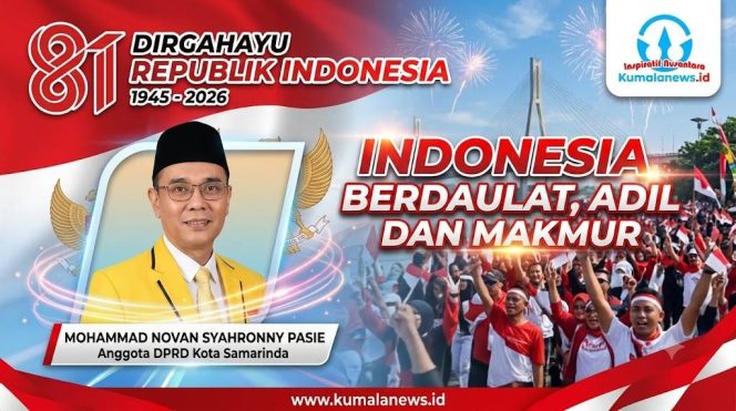 
 Anggota DPRD Samarinda, Mohammad Novan Syahronny Pasie, mendorong semangat kedaulatan HUT RI ke-81 diwujudkan melalui penguatan kemandirian dan daya saing daerah. Foto dan Grafis: Yana Ashari – Kumalanews.id.