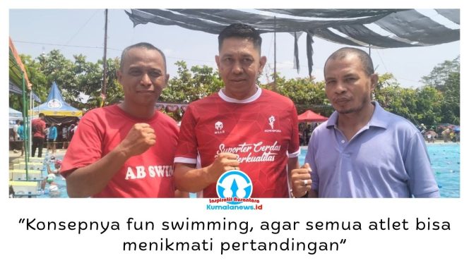 
 Foto bersama Sekretaris Panitia Agus Daryanto, Ketua Umum KONI Samarinda Wahyudi, dan Ketua Akuatik Indonesia Kota Samarinda Kornelius Thalar usai kegiatan Kebun Ndesa Open Fun Swimming 2026. Foto: Yana Ashari.