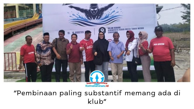 
 Ketua Akuatik Indonesia Kota Samarinda, Kornelius Thalar, mengapresiasi pelaksanaan Kebun Ndesa Open Fun Swimming 2026 di Kolam Renang Agrowisata Kebun Ndesa, Samarinda Utara, Sabtu (15/8/2026). Foto: Yana Ashari.