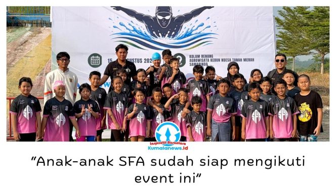 
 Swim & Dive First Academy (SFA) Samarinda menurunkan para atletnya dalam Kebun Ndesa Open Fun Swimming 2026 di Kolam Renang Agrowisata Kebun Ndesa, Samarinda Utara, Sabtu (15/8/2026). Foto: Yana Ashari.