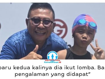Siswi kelas 2 SD Muhammadiyah 1 Samarinda, Ayesha Mikhayla Aritza (7), berfoto bersama Wakil Wali Kota Samarinda Saefuddin usai mengikuti Fun Swimming Kejuaraan Renang Antarpelajar 2026 di Kolam Renang Agrowisata Kebun Ndesa, Samarinda, Minggu (16/8/2026). Foto: H. Yudi.