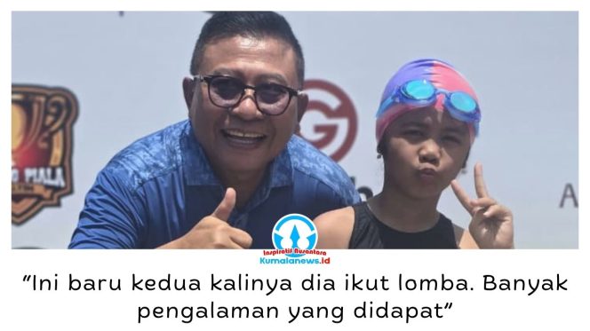 
 Siswi kelas 2 SD Muhammadiyah 1 Samarinda, Ayesha Mikhayla Aritza (7), berfoto bersama Wakil Wali Kota Samarinda Saefuddin usai mengikuti Fun Swimming Kejuaraan Renang Antarpelajar 2026 di Kolam Renang Agrowisata Kebun Ndesa, Samarinda, Minggu (16/8/2026). Foto: H. Yudi.