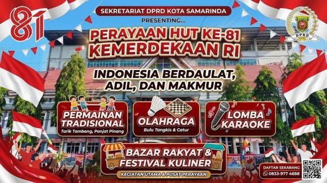 
 Sekretariat DPRD Kota Samarinda menyiapkan rangkaian kegiatan semarak HUT ke-81 RI dengan melibatkan masyarakat, pelajar, OPD, dan keluarga besar Sekretariat DPRD. Grafis: Kumalanews.id.
