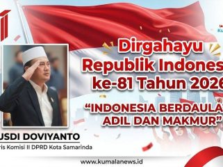 Sekretaris Komisi II DPRD Kota Samarinda, Rusdi Doviyanto, mengajak masyarakat menjaga persatuan, keharmonisan, serta menciptakan suasana yang penuh cinta dan damai. Grafis: Kumalanews.id.