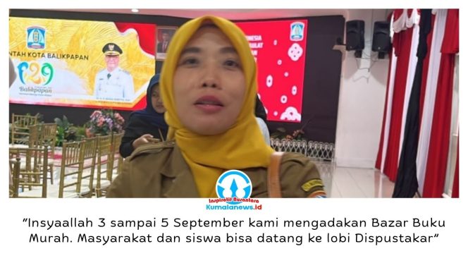 
 Kepala Dispustakar Kota Balikpapan, Neny Dwi Winahyu, mengatakan Bazar Buku Murah menjadi momentum memperluas akses bacaan sekaligus memperkenalkan perpustakaan sebagai ruang belajar dan pusat informasi bagi masyarakat. Foto: M Hilmansyah.