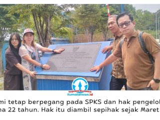 Direktur PT Wahana Abdi Tirtatehnika Sejati (WATS), Sunani Soewandi, Kepala Cabang PT WATS Nindia, dan rombongan berfoto bersama di lokasi pengelolaan IPA Bendang 1, Selasa (1/9/2026). Foto: Yana Ashari.