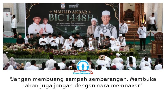 
 Wali Kota Balikpapan Rahmad Mas’ud mengajak masyarakat meningkatkan kepedulian terhadap kebersihan lingkungan dan mencegah karhutla di tengah kondisi kemarau. Pesan tersebut disampaikan saat menghadiri Maulid Akbar 2026 BIC 1448 H di Balikpapan, Rabu (2/9/2026). Foto: M Hilmansyah.