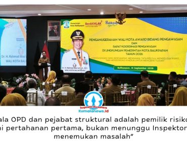 Wali Kota Balikpapan, Dr H Rahmad Mas’ud, SE., ME., memberikan sambutan pada Penganugerahan Wali Kota Award Bidang Pengawasan 2026, yang menjadi rangkaian puncak Rakorwas Kota Balikpapan di Aula Pemkot Balikpapan, Senin (14/9/2026). Foto: M Hilmansyah.
