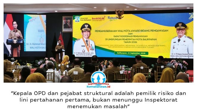 
 Wali Kota Balikpapan, Dr H Rahmad Mas’ud, SE., ME., memberikan sambutan pada Penganugerahan Wali Kota Award Bidang Pengawasan 2026, yang menjadi rangkaian puncak Rakorwas Kota Balikpapan di Aula Pemkot Balikpapan, Senin (14/9/2026). Foto: M Hilmansyah.
