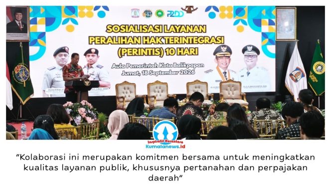 
 Plt Sekda Balikpapan Agus Budi Prasetyo membuka sosialisasi Layanan Peralihan Hak Terintegrasi (Perintis) 10 Hari di Aula Balai Kota Balikpapan, Jumat (18/9/2026). Foto: M Hilmansyah.