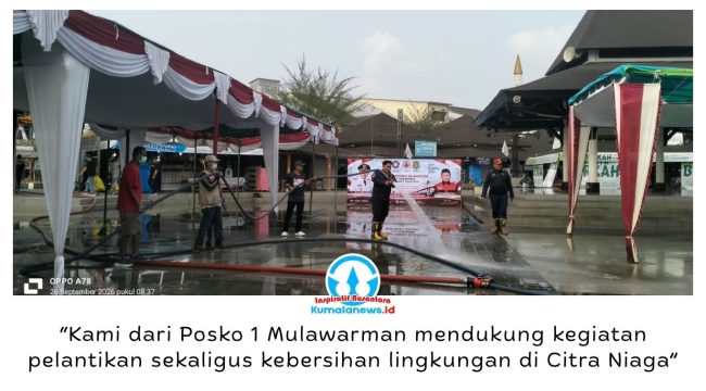 Menjelang pelantikan Pengurus Balakarcana Kota Samarinda Masa Bhakti 2026–2031, Posko 1 Mulawarman melakukan penyemprotan dan pembersihan lingkungan di kawasan Citra Niaga, Samarinda, Sabtu (26/9/2026). Foto: Yana Ashari.