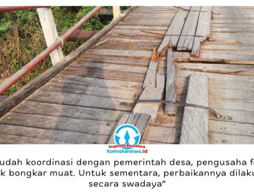 Kondisi jembatan besi di jalur Dusun Oloy, Desa Kayu Batu (Sebrang), Kecamatan Muara Muntai, Kukar, mengalami penurunan pada badan jembatan dan kerusakan sejumlah tiang penyangga hingga patah.