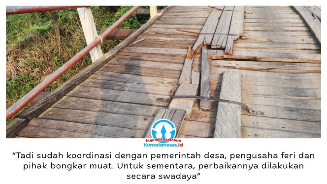 
 Kondisi jembatan besi di jalur Dusun Oloy, Desa Kayu Batu (Sebrang), Kecamatan Muara Muntai, Kukar, mengalami penurunan pada badan jembatan dan kerusakan sejumlah tiang penyangga hingga patah.