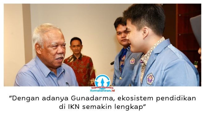 
 Kepala Otorita IKN Basuki Hadimuljono menyambut mahasiswa angkatan pertama Universitas Gunadarma IKN dalam kuliah umum di Gedung N1 Universitas Gunadarma IKN, Senin (28/9/2026). Foto: Humas Otorita IKN.
