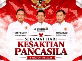 Flyer ucapan Hari Kesaktian Pancasila 2026 dari Ketua Umum Wahyudi (Bang Haji Yudi), Sekretaris Umum Rudy Barto, dan Bendahara Umum Nur Zain.