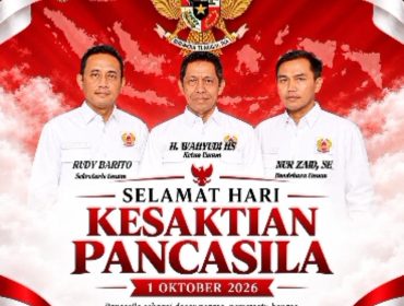 Flyer ucapan Hari Kesaktian Pancasila 2026 dari Ketua Umum Wahyudi (Bang Haji Yudi), Sekretaris Umum Rudy Barto, dan Bendahara Umum Nur Zain.
