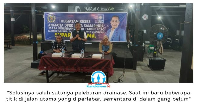Anggota DPRD Kota Samarinda, Suparno, menyerap aspirasi warga terkait persoalan drainase di RT 23 dan RT 25, Kelurahan Selili. Warga meminta normalisasi dan pelebaran drainase untuk mengantisipasi genangan saat musim penghujan.
