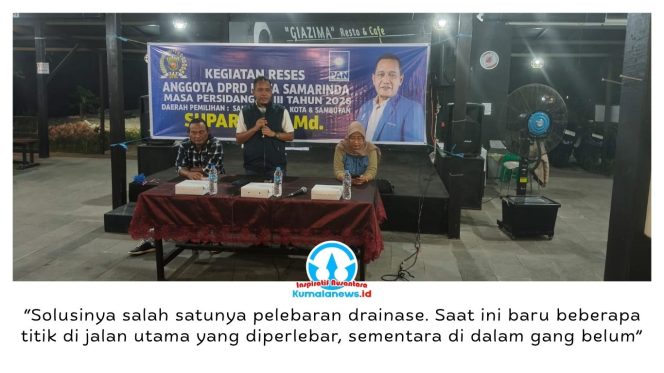 
 Anggota DPRD Kota Samarinda, Suparno, menyerap aspirasi warga terkait persoalan drainase di RT 23 dan RT 25, Kelurahan Selili. Warga meminta normalisasi dan pelebaran drainase untuk mengantisipasi genangan saat musim penghujan.