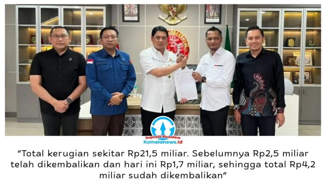 
 Kajari Samarinda, Haedar, menyerahkan secara simbolis pengembalian kerugian keuangan PT BKS sebesar Rp1,7 miliar kepada Direktur Utama BKS, Nidya Listiyono, Kamis (8/10/2026).