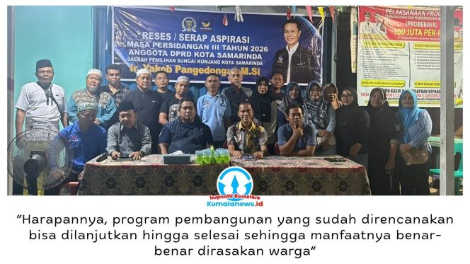 
 Anggota DPRD Kota Samarinda, Yakob Pangedongan, menyerap aspirasi warga melalui Reses Masa Persidangan III Tahun 2026 di Kelurahan Lok Bahu, Kamis (8/10/2026) malam. Warga menyampaikan usulan terkait perbaikan infrastruktur, fasilitas pendidikan, dan penyediaan ruang bermain anak.