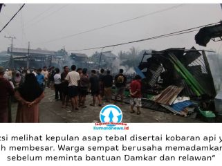 Kebakaran melanda permukiman di Jalan Jenderal Sudirman RT 7, Desa Muara Muntai Ulu, Kukar, Jumat (9/10/2026) dini hari. Sejumlah rumah, toko, dan kantor Bank BPD Kaltimtara terdampak, dengan kerugian sementara ditaksir mencapai Rp2 miliar. Foto: Idil.