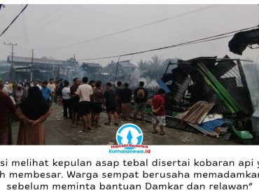 Kebakaran melanda permukiman di Jalan Jenderal Sudirman RT 7, Desa Muara Muntai Ulu, Kukar, Jumat (9/10/2026) dini hari. Sejumlah rumah, toko, dan kantor Bank BPD Kaltimtara terdampak, dengan kerugian sementara ditaksir mencapai Rp2 miliar. Foto: Idil.