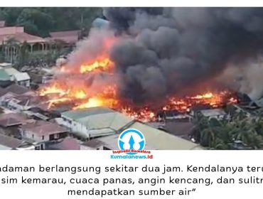 Kebakaran hebat melanda permukiman warga di Jalan AM Alimuddin, Kelurahan Melayu, Tenggarong, Senin (5/10/2026) sore. Sekitar 75 bangunan rumah terdampak, sementara petugas pemadam kebakaran bersama relawan berjibaku mengendalikan kobaran api agar tidak meluas. Foto: Istimewa.