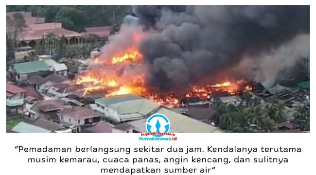 Kebakaran hebat melanda permukiman warga di Jalan AM Alimuddin, Kelurahan Melayu, Tenggarong, Senin (5/10/2026) sore. Sekitar 75 bangunan rumah terdampak, sementara petugas pemadam kebakaran bersama relawan berjibaku mengendalikan kobaran api agar tidak meluas. Foto: Istimewa.
