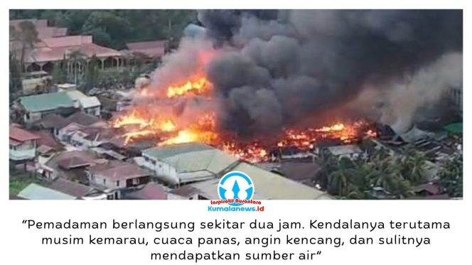 
 Kebakaran hebat melanda permukiman warga di Jalan AM Alimuddin, Kelurahan Melayu, Tenggarong, Senin (5/10/2026) sore. Sekitar 75 bangunan rumah terdampak, sementara petugas pemadam kebakaran bersama relawan berjibaku mengendalikan kobaran api agar tidak meluas. Foto: Istimewa.
