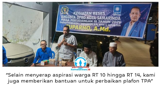 
 Anggota Komisi I DPRD Kota Samarinda, Suparno, menyerap aspirasi warga saat reses Masa Persidangan III Tahun 2026 di Kelurahan Selili, Kamis (8/10/2026) malam. Warga mengusulkan perbaikan plafon TPA, pembangunan turap, serta pengadaan perlengkapan posyandu.