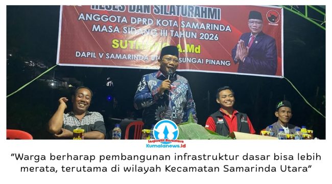 Anggota DPRD Kota Samarinda, Sutrisno, menyerap aspirasi warga dalam Reses dan Silaturahmi Masa Sidang III Tahun 2026 di Kelurahan Tanah Merah, Kecamatan Samarinda Utara, Minggu (4/10/2026) malam. Warga RT 27 menyampaikan aspirasi terkait pemerataan pembangunan, terutama peningkatan infrastruktur dasar dan pemenuhan kebutuhan air bersih.