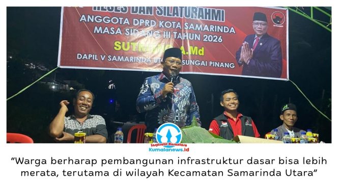 
 Anggota DPRD Kota Samarinda, Sutrisno, menyerap aspirasi warga dalam Reses dan Silaturahmi Masa Sidang III Tahun 2026 di Kelurahan Tanah Merah, Kecamatan Samarinda Utara, Minggu (4/10/2026) malam. Warga RT 27 menyampaikan aspirasi terkait pemerataan pembangunan, terutama peningkatan infrastruktur dasar dan pemenuhan kebutuhan air bersih.