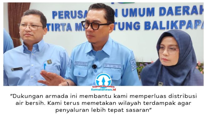 
 Direktur Utama PTMB, Yudhi Saharuddin, menyebut tambahan dukungan armada dari HIPMI dan kepolisian memperkuat distribusi air bersih bagi warga terdampak gangguan layanan di Balikpapan. Total sekitar 20 mobil tangki disiapkan untuk memperluas jangkauan dan mempercepat penyaluran air. Foto: M Hilmansyah.