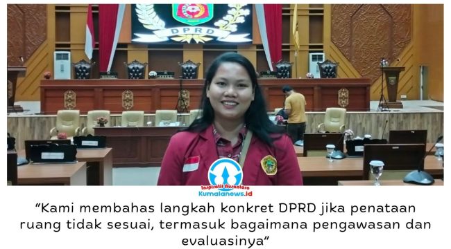Perwakilan mahasiswa Untag Samarinda, Charisma Thresensia Tandiayu, menyoroti kebijakan penataan ruang dan peran DPRD dalam mengawasi pelaksanaannya saat audiensi di DPRD Samarinda, Jumat (16/10/2026). Foto: Yana Ashari.