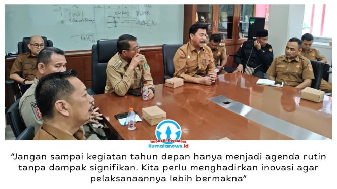 
 Sekda Kutai Kartanegara (Kukar), Sunggono, meminta peringatan Peristiwa Merah Putih ke-80 di Kecamatan Sanga-Sanga pada 27 Januari 2027 dikemas lebih inovatif dan berdampak nyata bagi masyarakat. Hal itu disampaikan saat menerima audiensi jajaran Kecamatan Sanga-Sanga di Kantor Bupati Kukar, Senin (19/10/2026), yang membahas konsep kegiatan, dukungan OPD, dan kebutuhan anggaran. Foto: Indirwan.
