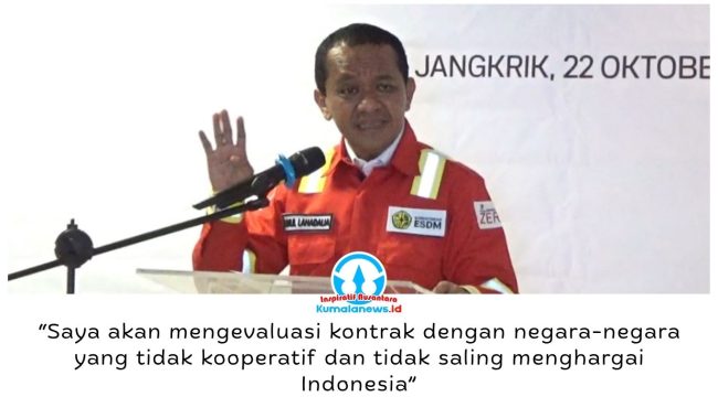 Menteri ESDM Bahlil Lahadalia menegaskan pemerintah siap mengevaluasi kontrak kerja sama energi hingga menghentikan ekspor kepada negara yang dinilai tidak menghormati kepentingan nasional. Pernyataan itu disampaikan saat peresmian proyek Jangkrik North East 6 (JNE-6) dan Lapangan Maha-South Hub di Kalimantan Timur, Kamis (22/10/2026).