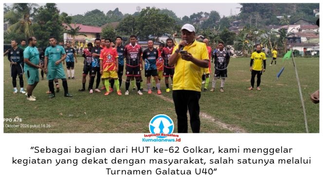 
 Ketua panitia pelaksana sekaligus anggota DPRD Kota Samarinda, Achmad Sukamto, menyampaikan bahwa Turnamen Galatua U40 digelar untuk memeriahkan HUT ke-62 Partai Golkar sekaligus mempererat silaturahmi, kebersamaan, dan sportivitas masyarakat melalui olahraga. Foto: Yana Ashari.