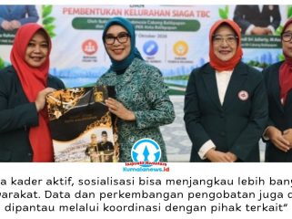 Ketua TP PKK Kota Balikpapan, Hj. Nurlena Rahmad Mas’ud, mendorong pembentukan Kelurahan Siaga TBC melalui pelibatan kader PKK hingga tingkat dasawisma untuk memperluas edukasi, mendorong pemeriksaan dini, dan mendampingi pasien menjalani pengobatan. Hal tersebut disampaikan dalam sosialisasi pencegahan TBC bersama IDI Cabang Balikpapan di Aula Rumah Jabatan Wali Kota Balikpapan, Sabtu (17/10/2026). Foto: M Hilmansyah.