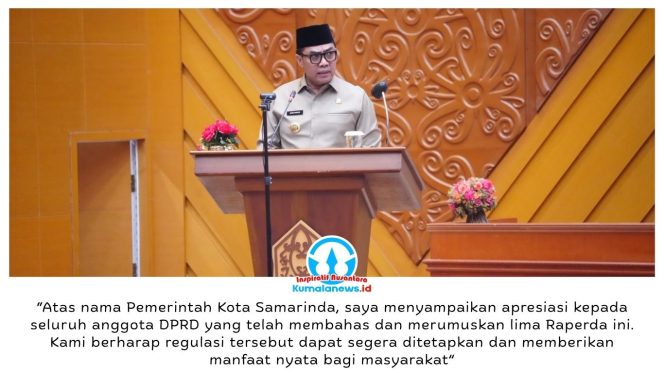 
 Wali Kota Samarinda, Andi Harun, saat menyampaikan sambutan dalam Rapat Paripurna DPRD Kota Samarinda terkait persetujuan bersama lima Raperda, Rabu (28/10/2026) malam. Foto: Humas Pemkot Samarinda.