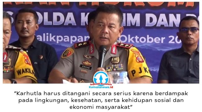 Kapolda Kaltim Irjen Pol Endar Priantoro menyampaikan data titik panas dan penanganan kebakaran hutan dan lahan (karhutla) di Kalimantan Timur dalam konferensi pers di Gedung Yanma Polda Kaltim, Balikpapan, Kamis (29/10/2026). Foto: M Hilmansyah.