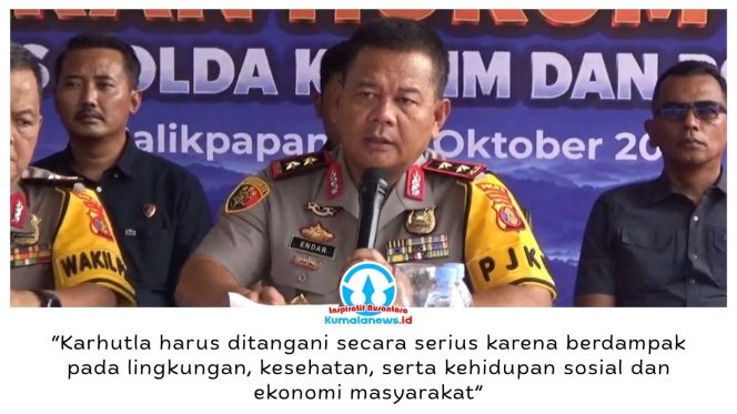 
 Kapolda Kaltim Irjen Pol Endar Priantoro menyampaikan data titik panas dan penanganan kebakaran hutan dan lahan (karhutla) di Kalimantan Timur dalam konferensi pers di Gedung Yanma Polda Kaltim, Balikpapan, Kamis (29/10/2026). Foto: M Hilmansyah.