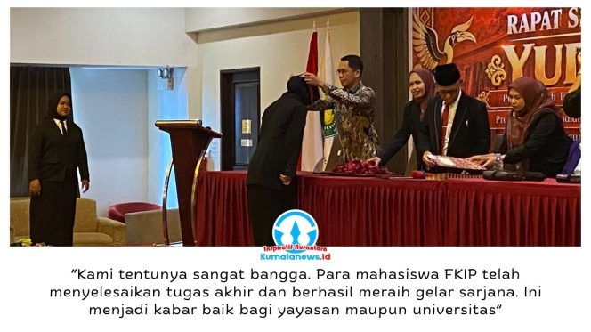 
 Ketua Yayasan Kutai Kartanegara, Agus Setia Gunawan, menyampaikan apresiasi dan kebanggaannya atas keberhasilan mahasiswa FKIP Unikarta menyelesaikan pendidikan. Ia berharap para lulusan mampu bersaing di dunia kerja, khususnya bidang pendidikan, serta terus meningkatkan kualitas dan kompetensi untuk memberikan kontribusi bagi masyarakat. Foto: Fairuzzabady.